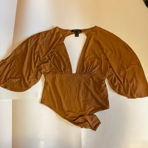 Sexy Brown Flare Sleeve Open Front and Back Bodysuit